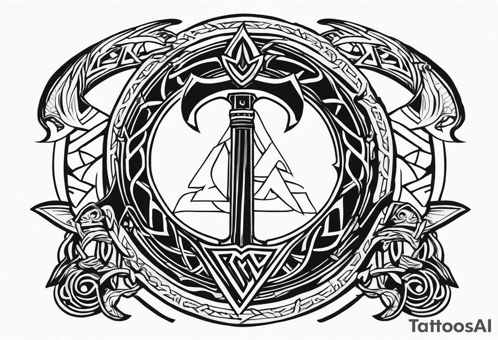Valhalla sword shield dragon axe Valknut tattoo idea