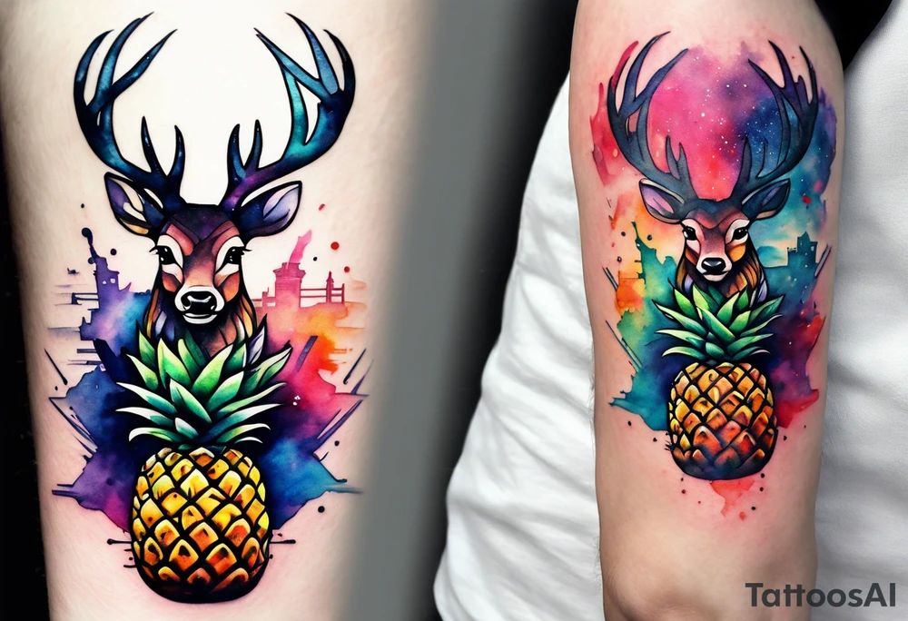 watercolour tattoo, stag in shape of pineapple, Amsterdam, Amsterdam buildings, Amsterdam canal, space colours, galaxy colours, pineapples tattoo idea