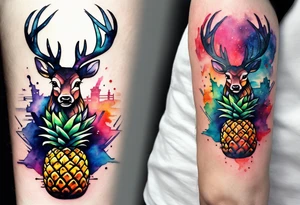 watercolour tattoo, stag in shape of pineapple, Amsterdam, Amsterdam buildings, Amsterdam canal, space colours, galaxy colours, pineapples tattoo idea