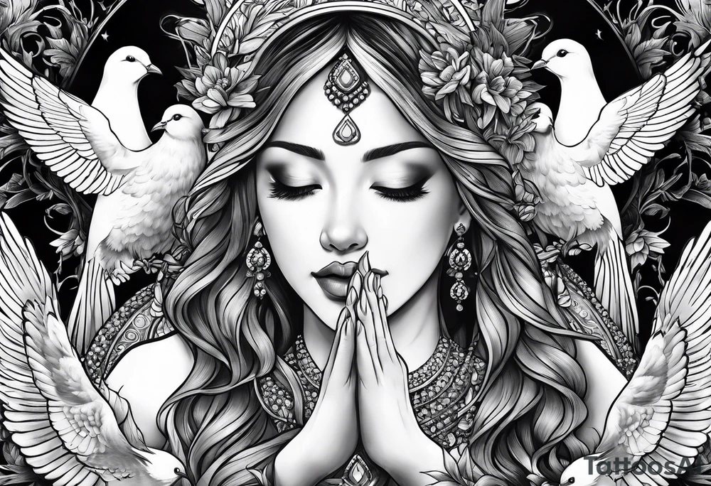 Woman praying hands with doves tattoo idea