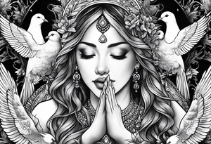 Woman praying hands with doves tattoo idea