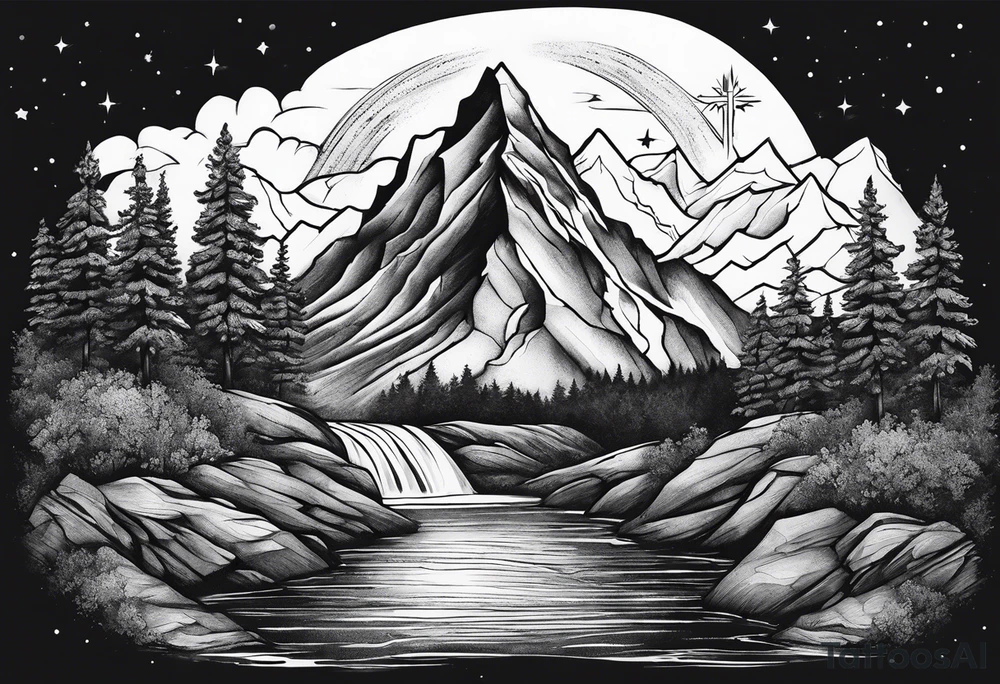 mountains, nature, stars, cross, waterfall, water tattoo idea