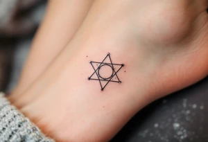 A tiny vivid  star constellation in white from inside a black-ink outline of Libra symbol on the ankle. tattoo idea