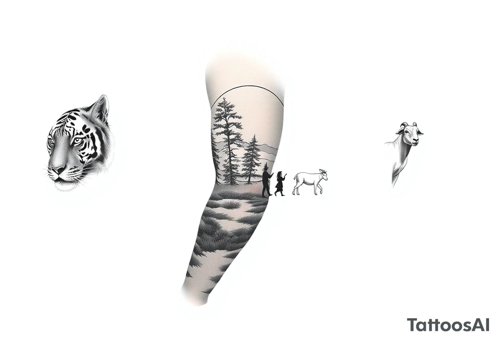 Leg sleeve with a Tiger, a rabbit, a horse, a goat with trees and wild.grass with a family of 6 walking into the sunset tattoo idea