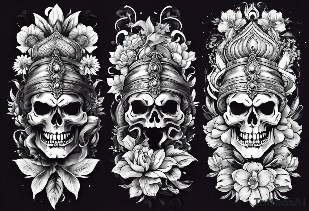 5. A combination of skulls and flowers on the upper arm, with Mahadev's face on the forearm, and a serpent or snake (representing rebirth) wrapping around the arm. shree lord shankar in between, and upper side skull with snakes tattoo idea