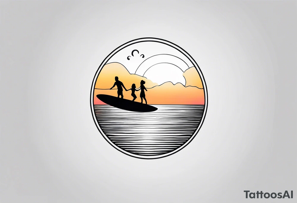 Black and white Line work tattoo depicting a father surfing with his two daughters.  The sunset and horizon have musical notes. tattoo idea