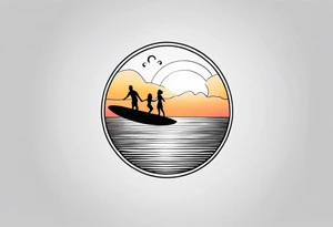 Black and white Line work tattoo depicting a father surfing with his two daughters.  The sunset and horizon have musical notes. tattoo idea