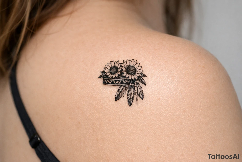 sunflowers with feathers and female Indian headband ribbon tattoo idea