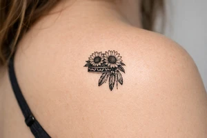 sunflowers with feathers and female Indian headband ribbon tattoo idea