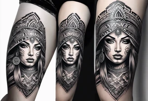 Woman’s thigh tattoo. Face with symbol of fertility and soft warrior tattoo idea