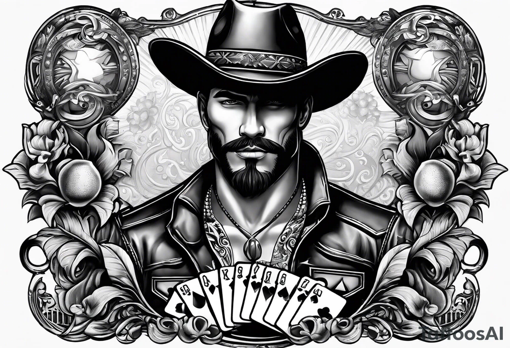 southern sleeve vibe with elements of a cowboy, playing cards, and dice tattoo idea