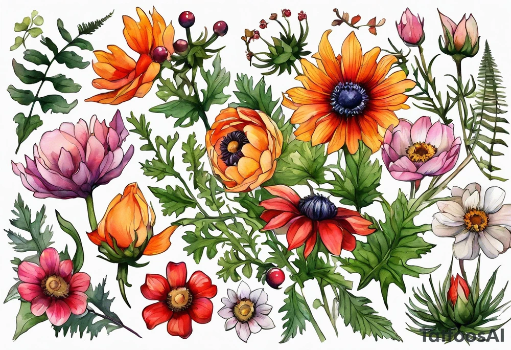 wildflowers with thistles, ferns, white anemones, sun flowers, orange flowers, green flowers, pink flowers, red flowers, berries and all in watercolor tattoo idea