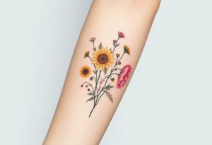 Small watercolour style bunch of wild flowers including lillium orientalis, sunflowers, poppies and peonies to be placed on forearm tattoo idea