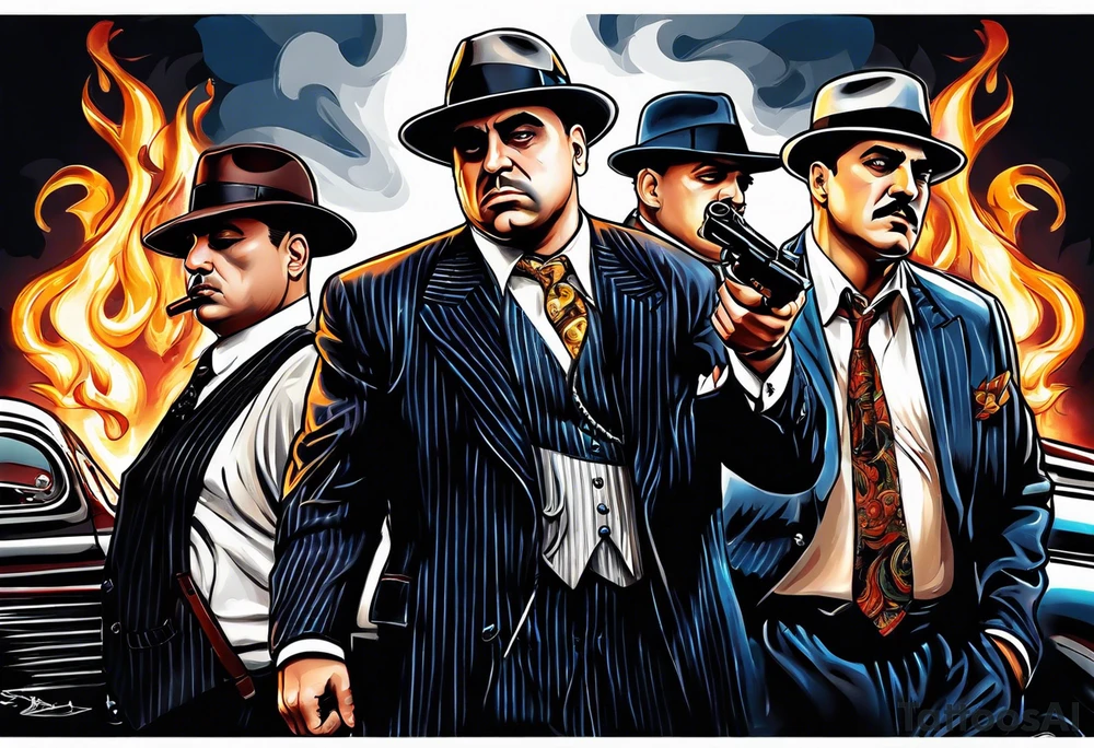 capone style gangsters having a shootout against a dark background scene with flames blues with sexy women tattoo idea