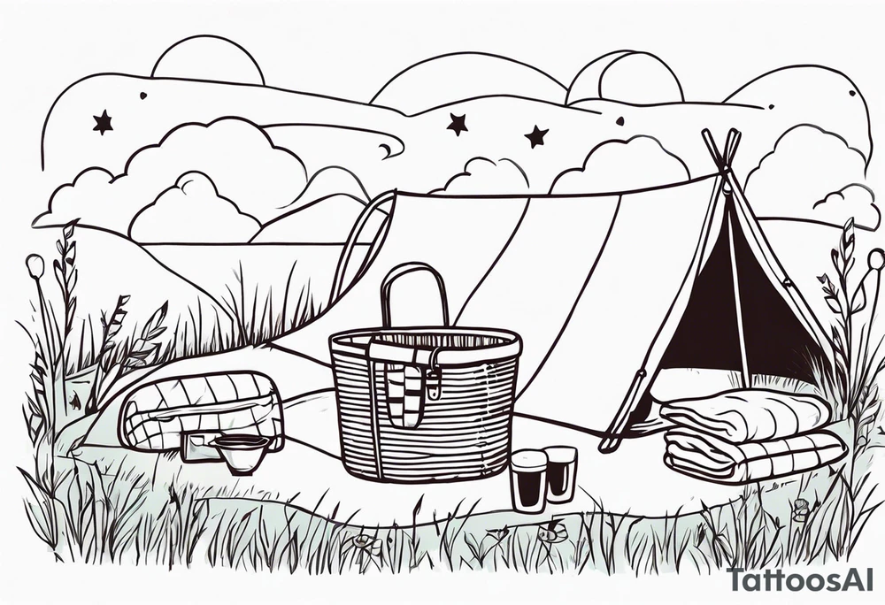 picnic scene on a meadow with a blanket on the ground with one picnic-basket, one backpack, pillows and party pennants. Thin lines. tattoo idea