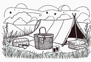 picnic scene on a meadow with a blanket on the ground with one picnic-basket, one backpack, pillows and party pennants. Thin lines. tattoo idea