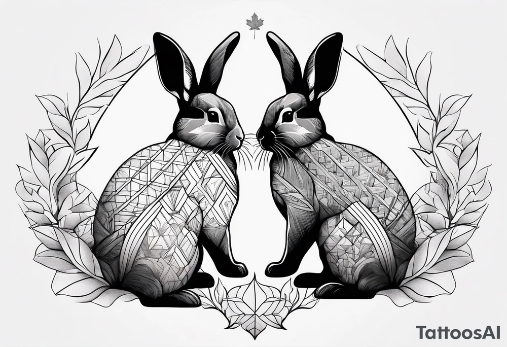 two bunnies, one smaller, one larger, with their backs, holding a maple leaf tattoo idea