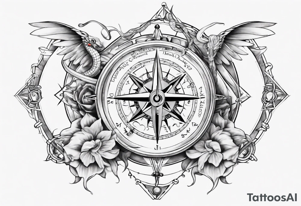 Compass tatoo with Gemini angels and snake tattoo idea