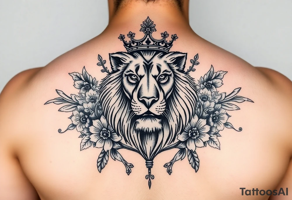 powerful majestic lion with a crown, surrounded by floral ornaments and birds tattoo idea