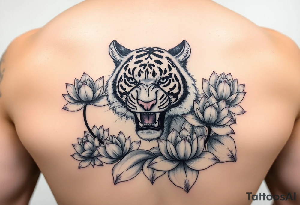 fierce tiger emerging through blooming lotus flowers in mist tattoo idea