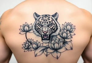 fierce tiger emerging through blooming lotus flowers in mist tattoo idea