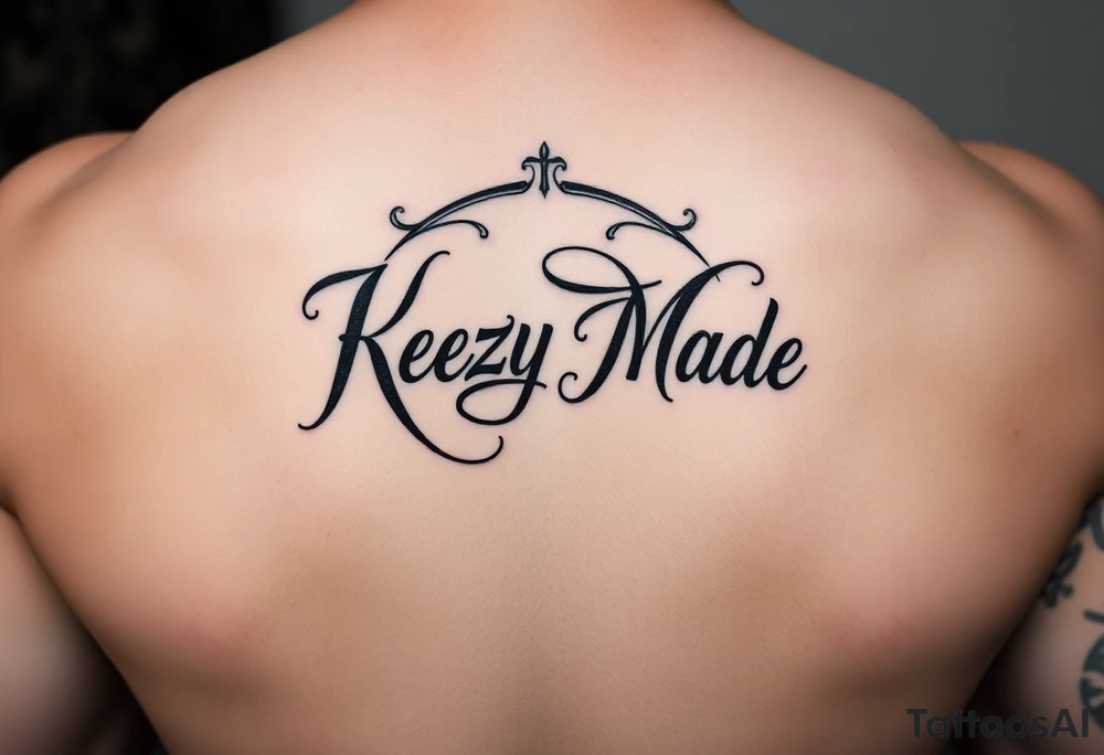letters only fancy but rugged twisted and intertwined circular arched curvy lettering (KeezY MadE) almost like the the roca wear symbol clothing brand trademark RW but with KM tattoo idea