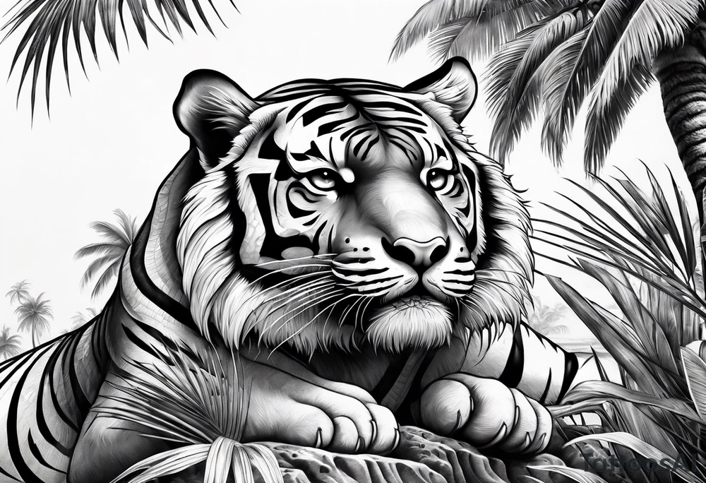 tiger laying on palm tree tattoo idea