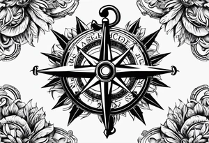 A selucid anchor in front of a compass with north south east west marked on it and a narrow laurel wreathe wrapped around the compass tattoo idea