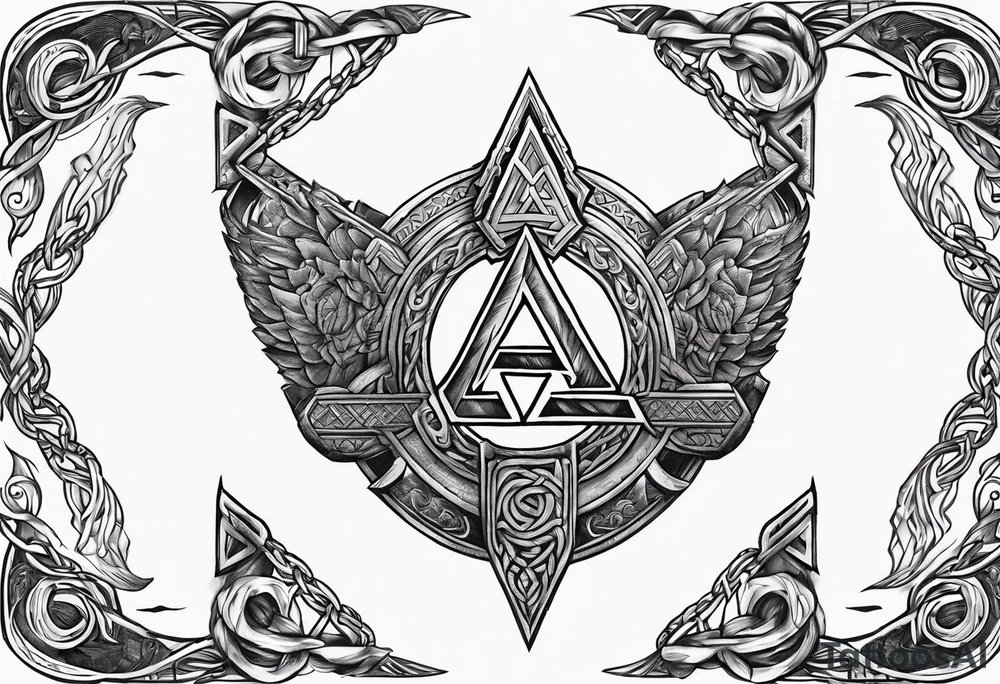 Valhalla sword round  axe Valknut steps fire chains tattoo idea