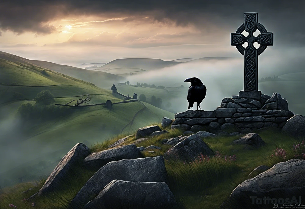 A stone Celtic cross solemnly standing atop a hill, a raven perches atop the cross staring out over the desolation. A ruined stone wall lies crumbling near the cross. Mist rolls along the hilltops adding to the melancholic nature of the scene tattoo idea