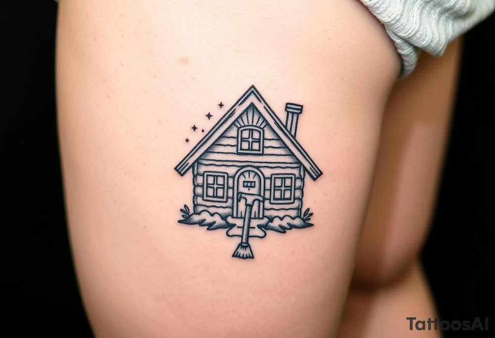 Tiny nordic house with cosmic sky and celestial details. With a pickaxe out the front of the house tattoo idea