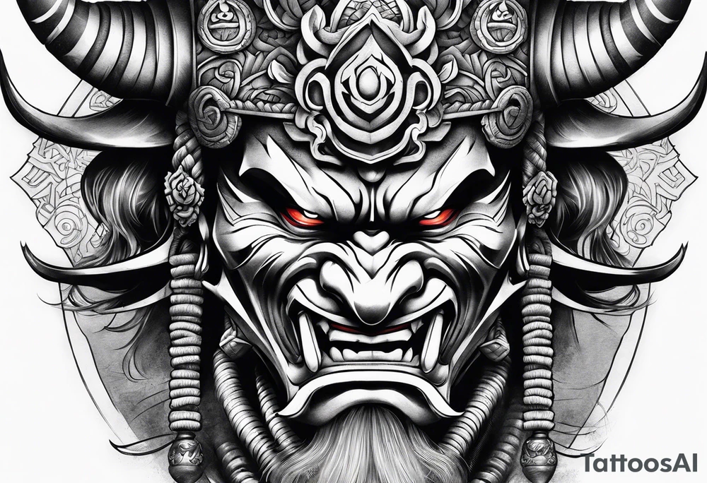 samurai and oni mask leg sleeve tattoo idea
