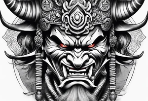 samurai and oni mask leg sleeve tattoo idea