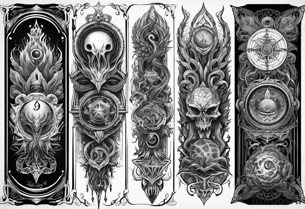 Long tattoo for forearm. Lovecraftian creature, with technological elements. tattoo idea