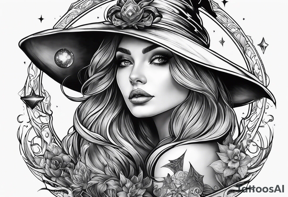 micro realistic tattoo witch cosmic theme tattoo idea