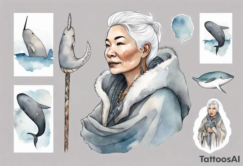 a 45-year-old Inuit woman with white  hair wearing a white and grey cloak with a large narwhal tattoo idea