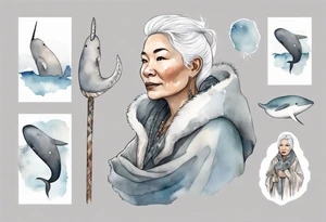a 45-year-old Inuit woman with white  hair wearing a white and grey cloak with a large narwhal tattoo idea