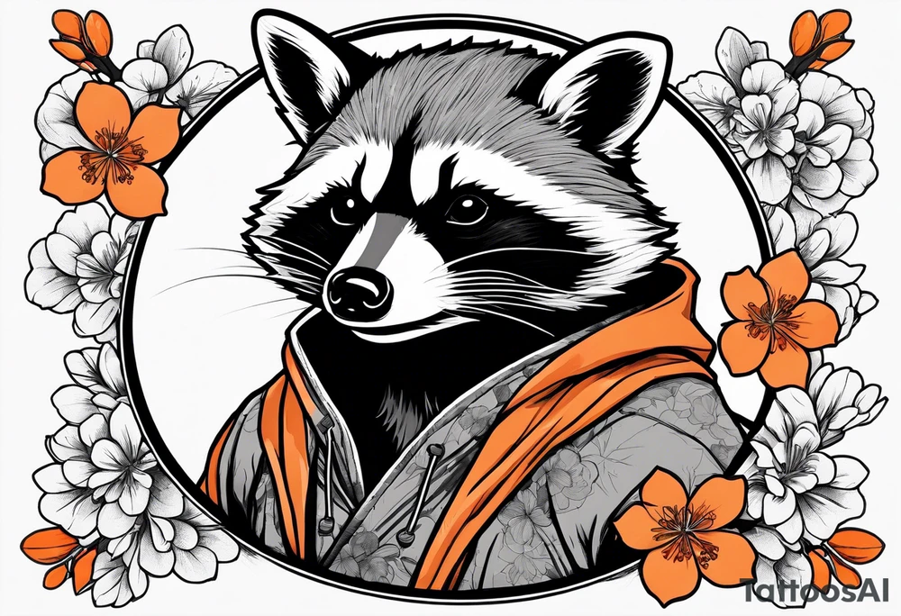 raccoon wearing a Superman hoodie with orange cherry blossoms tattoo idea