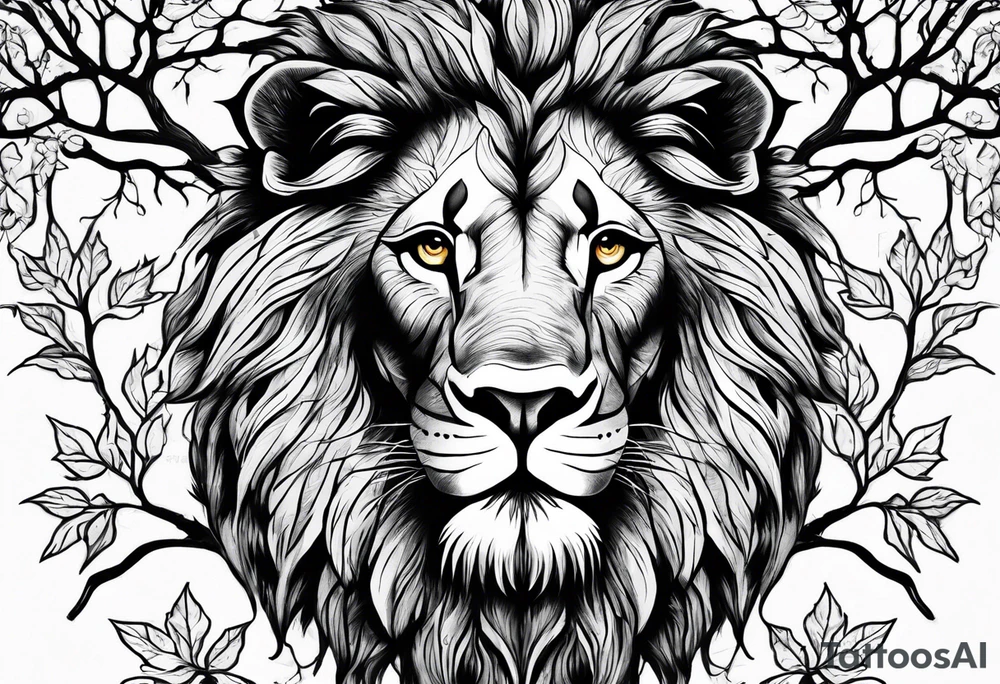 The lion of Judah, which is Jesus Christ, is tied and intertwined within a maple tree. Incorporate a cross as well tattoo idea