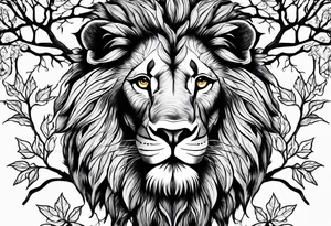 The lion of Judah, which is Jesus Christ, is tied and intertwined within a maple tree. Incorporate a cross as well tattoo idea