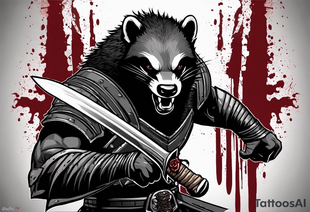 Draw me psychopath Honey Badger/Berserker with aggressive full body, killer face with a scary smile, very long nails and he attacks like a Bloody Assassin/Warrior/Gladiator to us and also, he has very deadly looking. He fights with his nails. Everybody scares after their first sight. Give me horror type Badger Tattoo. I want to see his Realistic full body with no weapons. You can show destruction. tattoo idea