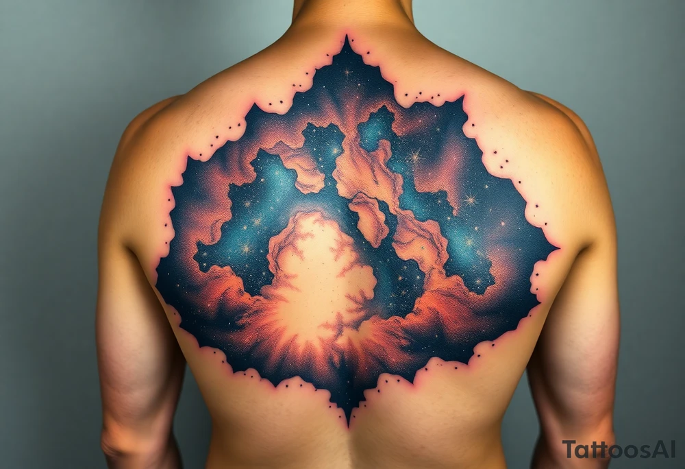 Beautiful and epic 3d milky way that appears to be what is beneath the skin. Make it drape over the shoulder and move to the middle back. use negative spaces to create stars and dust. Keep it symmetrical tattoo idea