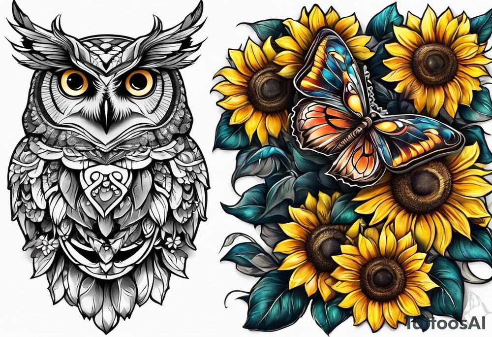 Arm sleeve with an owl and butterfly surrounded by sunflowers tattoo idea