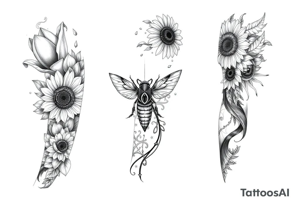 Create a design full sleeve arm tattoo with Tulip 
Sunflower 
Roses 
Bee 
Water 
Fire 
Earth 
Wind 
Phoenix 
Evil eye 
888 tattoo idea
