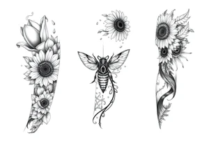 Create a design full sleeve arm tattoo with Tulip 
Sunflower 
Roses 
Bee 
Water 
Fire 
Earth 
Wind 
Phoenix 
Evil eye 
888 tattoo idea