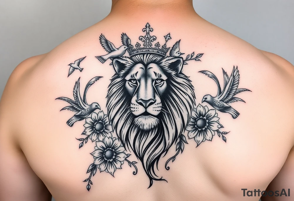 powerful majestic lion with a crown, surrounded by floral ornaments and birds tattoo idea