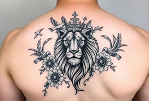 powerful majestic lion with a crown, surrounded by floral ornaments and birds tattoo idea