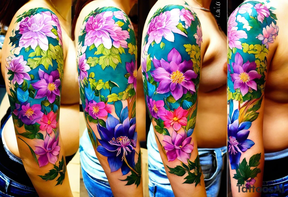 I want a full sleeve that tells the story of the people most important to me. I want my daughter’s birth flowers. One daughter’s birth flowers are larkspur and water lily. My second daughters birth flowers are chrysanthemum and peony. I also want a Palm tree and juniper tree represented because their names are Palmer and Juniper. I want my husband and I represent in some way as well. My husbands birth flowers are Iris and violet. My birth flowers are hawthorn and lily of the valley. tattoo idea
