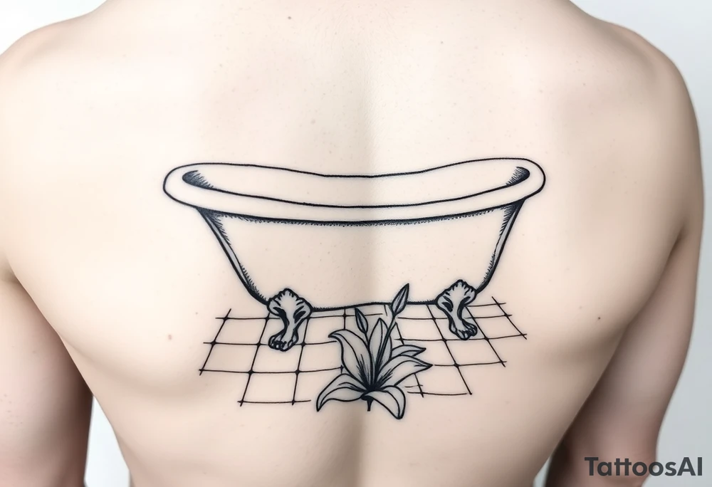 clawfoot bathtub on a tile floor and lily coming up out the floor tattoo idea