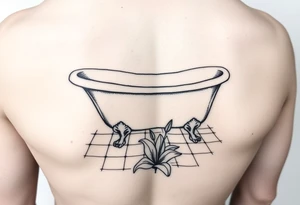 clawfoot bathtub on a tile floor and lily coming up out the floor tattoo idea